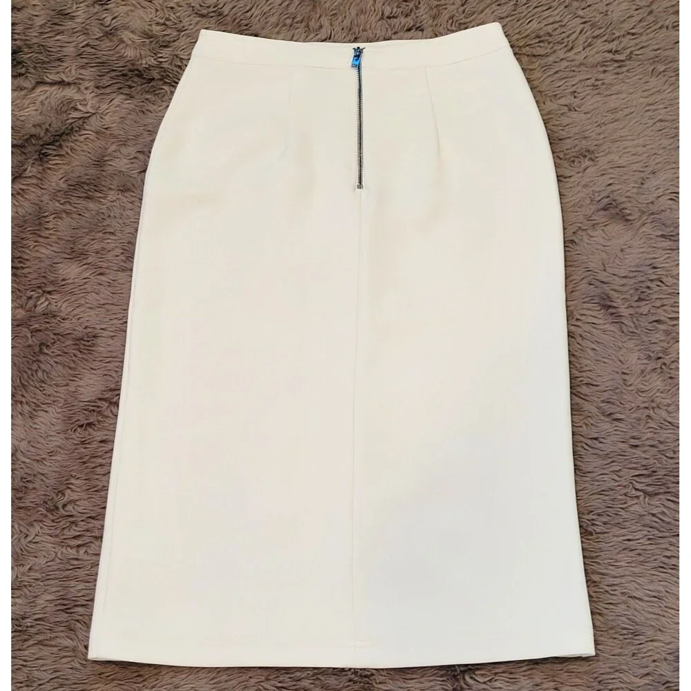 TOPSHOP Snap & Zip Midi Sz 6 Cream Moto Skirt Work Career Luxury Designer Slit
